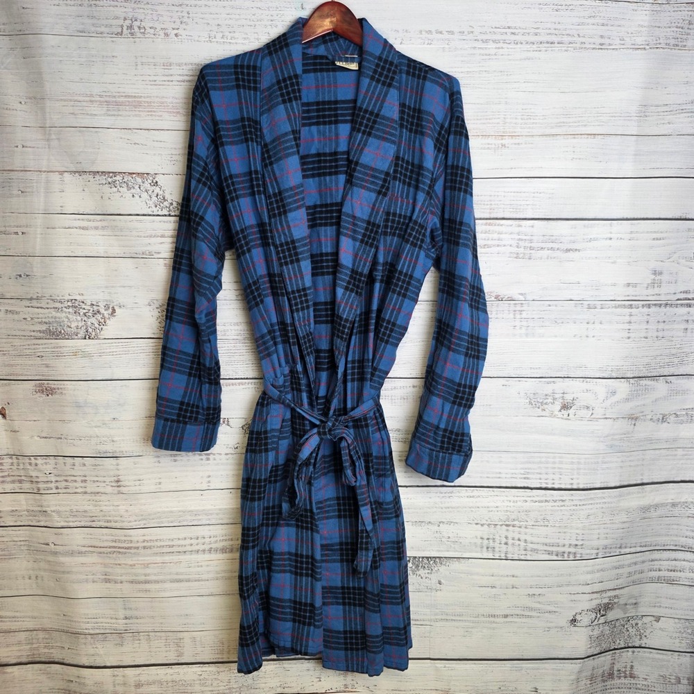 LL Bean Mens Medium Tall Blue Black Scotch Plaid Flannel Robe Cotton 100133